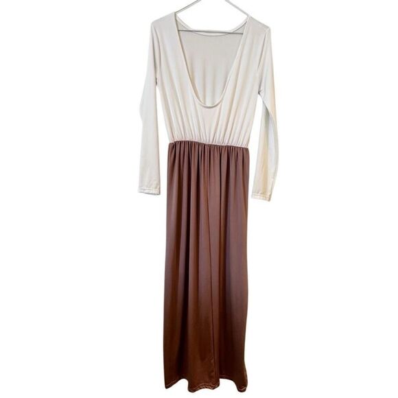 Soho Chic Two-tone Colorblock Long Sleeve Dress White Amber Brown Medium - Picture 3 of 3
